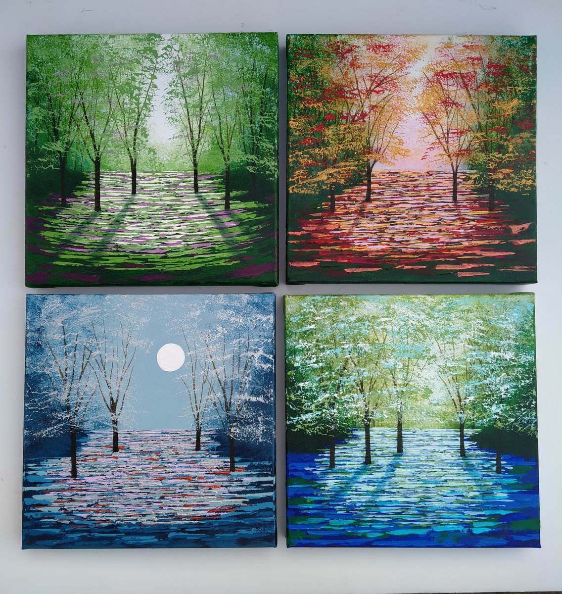 Impressionistic Landscape Acrylic Painting By Amanda Horvath, 24 X 24, Forest Seasons Changes, Original Artwork