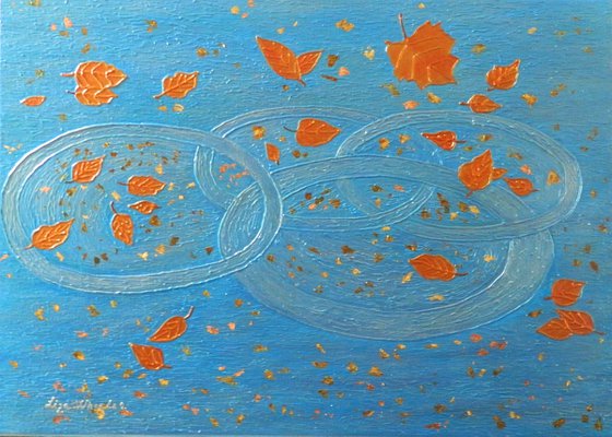 Last Kiss of Fall - abstract late autumn pond painting, office, home decor, gift idea