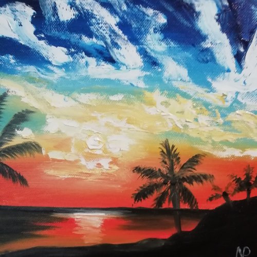 Summer evening, original sunset sea beach oil painting, small gift idea by Nataliia Plakhotnyk