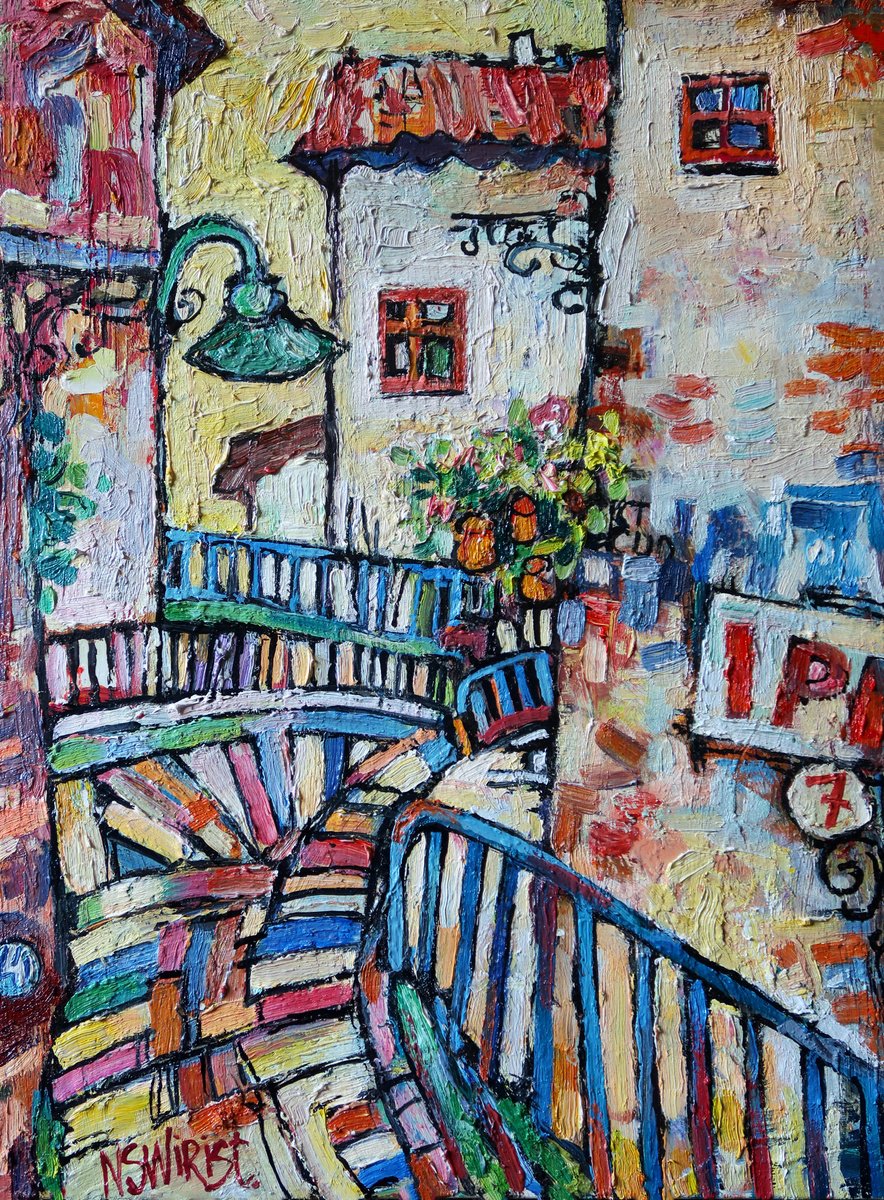 Impressionistic Cityscapes Oil Painting By Nikifor Swiristuhin, 12 X 16", Steps In Cudillero., Original Artwork