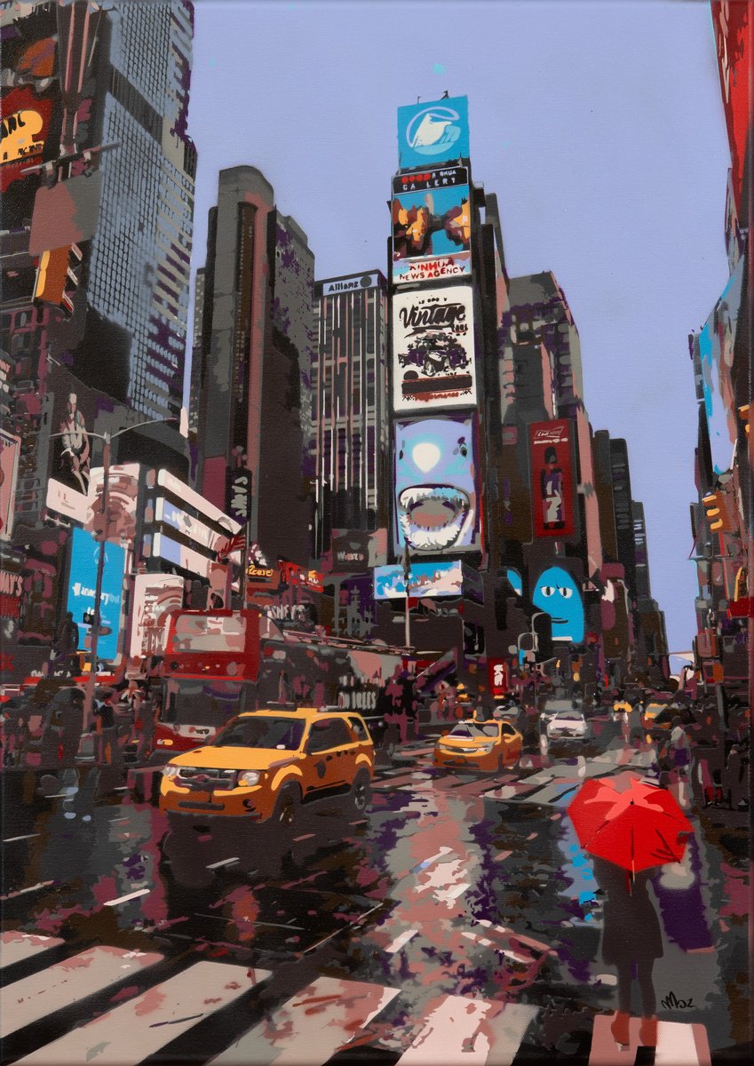 Photorealistic Landscape Painting By Marco Barberio, 20 X 28", Rainy Evening In Times Square, Original Artwork
