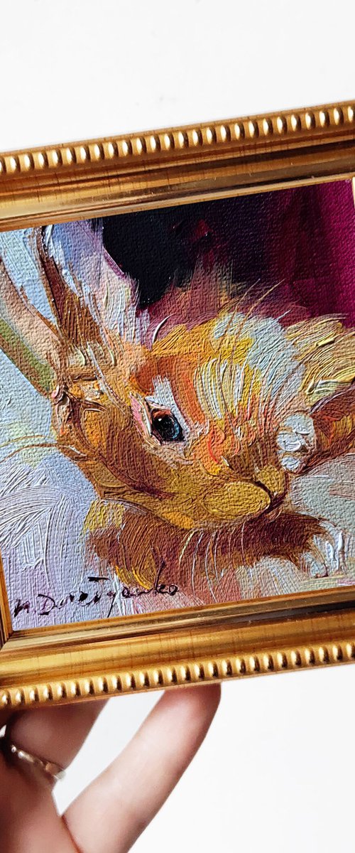 Beige rabbit painting original oil art framed 4x4 inch, Bunny small artwork frame by Nataly Derevyanko