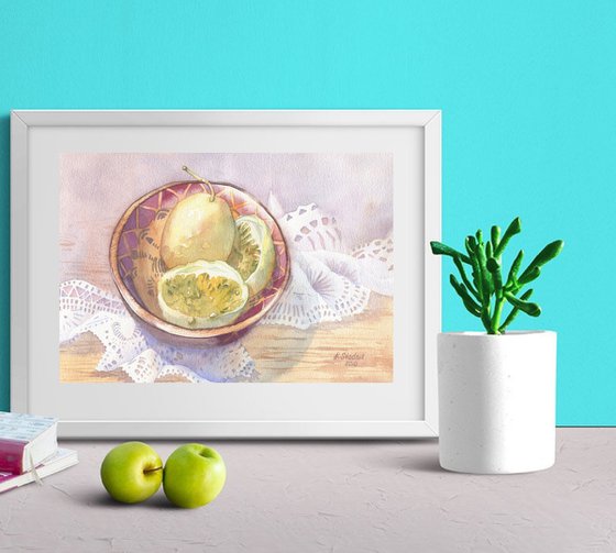 Ukrainian watercolour. Passion fruit in a wooden plate