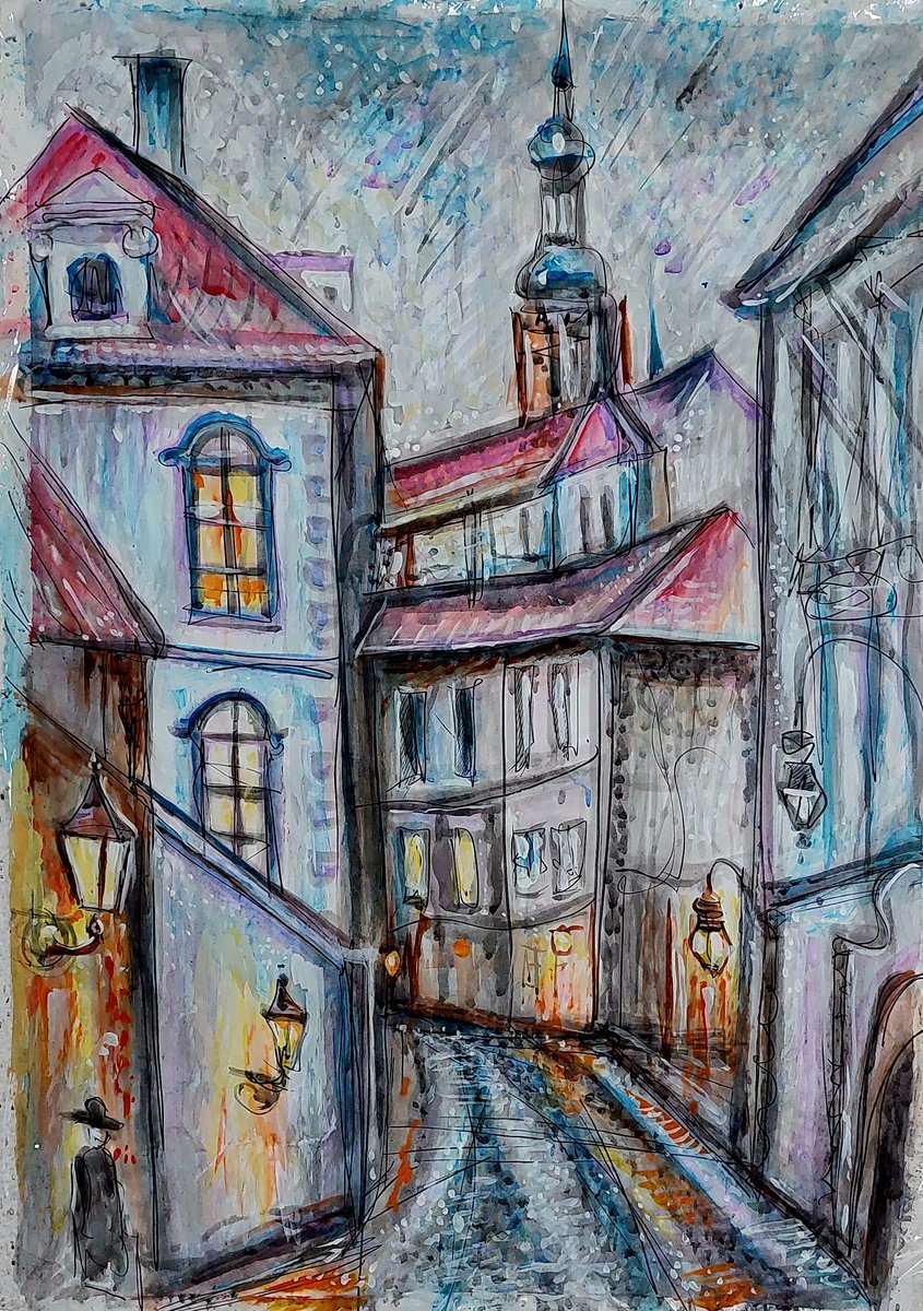 Kafka Walking in Rainy Prague by Alex Solodov