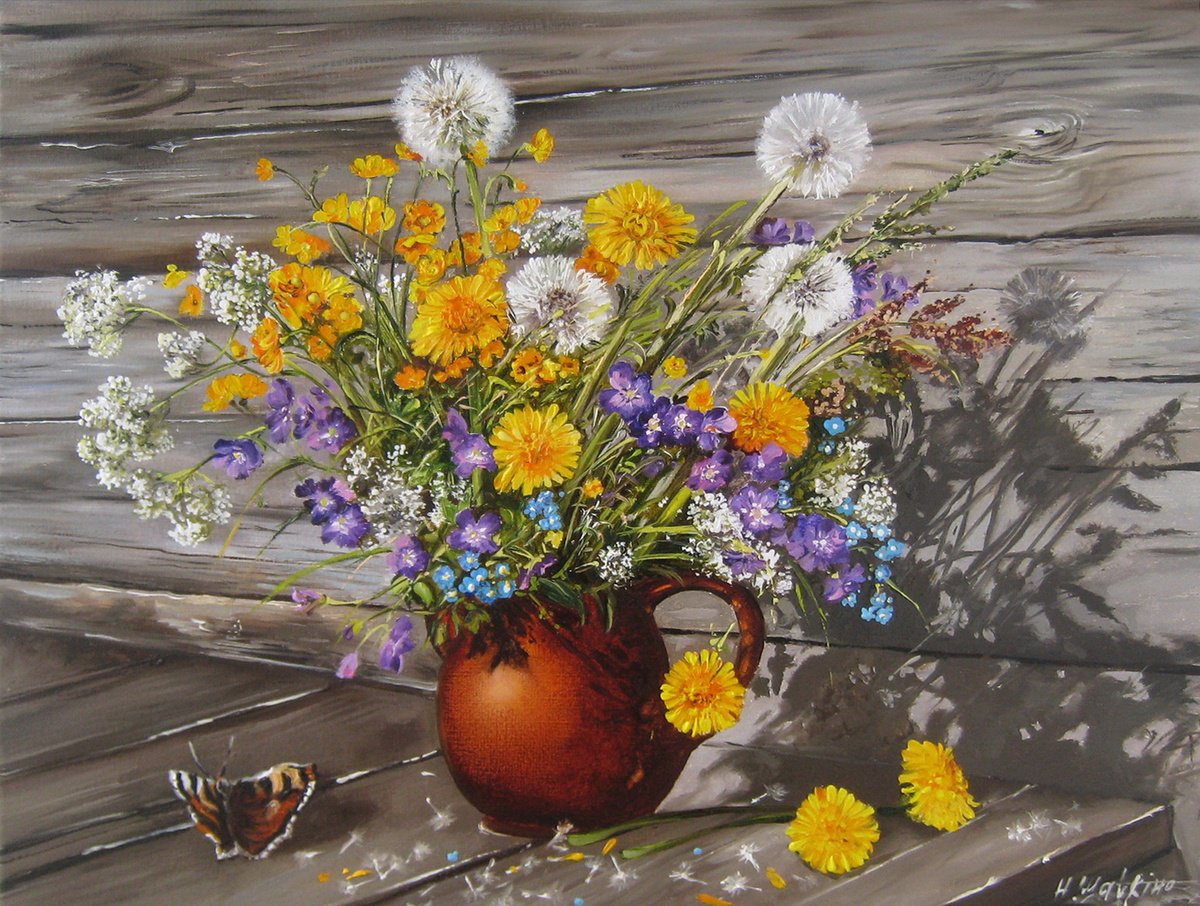 Impressionistic Still Life Oil Painting By Natalia Shaykina, 16 X 12", Dandelions, Original Artwork