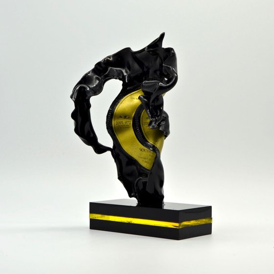 Small Standing Figurative Sculpture Gold & Black Vinyl Music Record Custom Acrylic Base