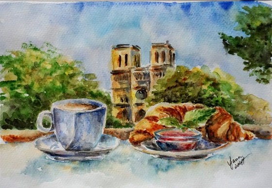 French Breakfast ORIGINAL Watercolor Painting - Food Art - Croissants Desserts Coffee Artwork - Wall Art