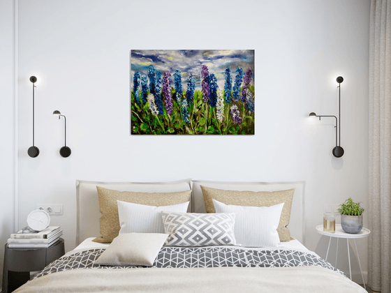 Delphiniums  in Regents Park in London, English garden,  meadow in summer flowers palette  knife modern  flowers office home decor gift