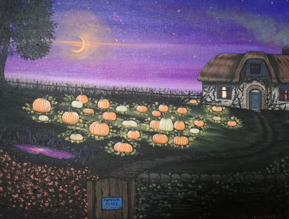 Surrealistic Landscape Acrylic Painting By Zoe Adams, 16 X 12", Pumpkin Place., Original Artwork
