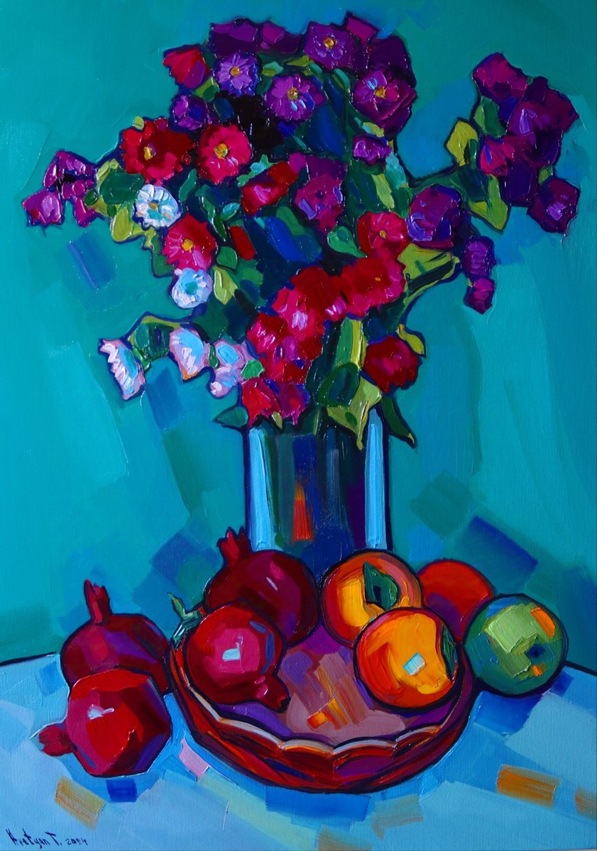 Expressive Still Life Oil Painting By Tigran Avetyan, 20 X 28", Still Life With Flowers, Original Artwork