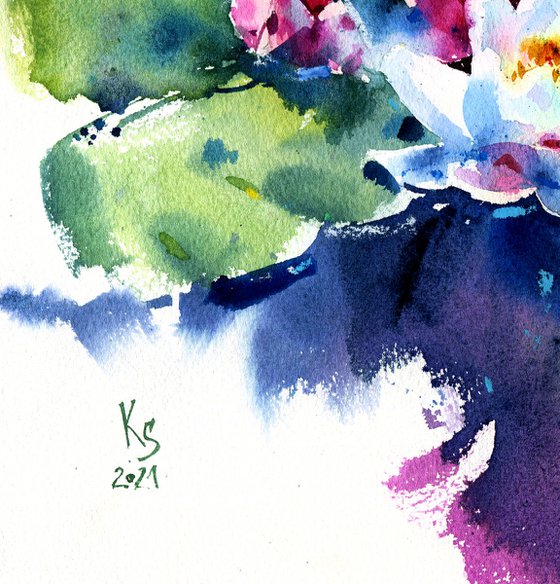 Original watercolor painting Lotus flowers on the surface of the lake