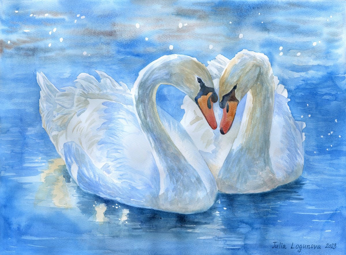 White Swans on the Pond Original Watercolour by Julia Logunova by Julia Logunova