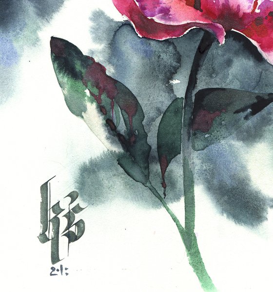 "Scent of a peony flower on a summer evening" original modern expressive watercolor flower on gray background