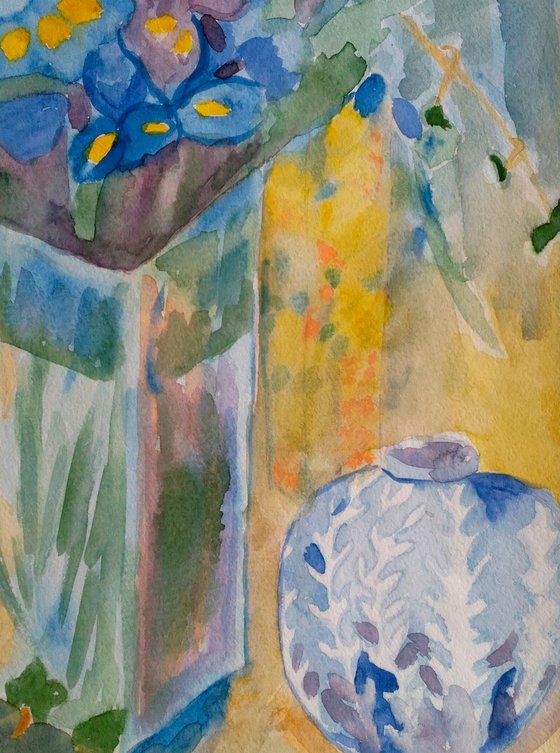 original watercolor painting blue irises in vase #bouquet in vase"Vase with blue irises "