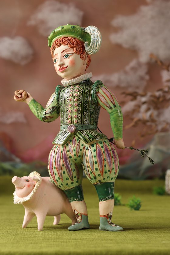 Boy with a pig hiding his rod behind.
