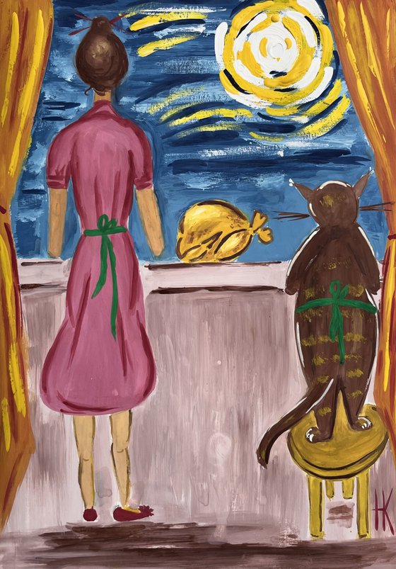Woman ans Cat. Dinner for two. original painting