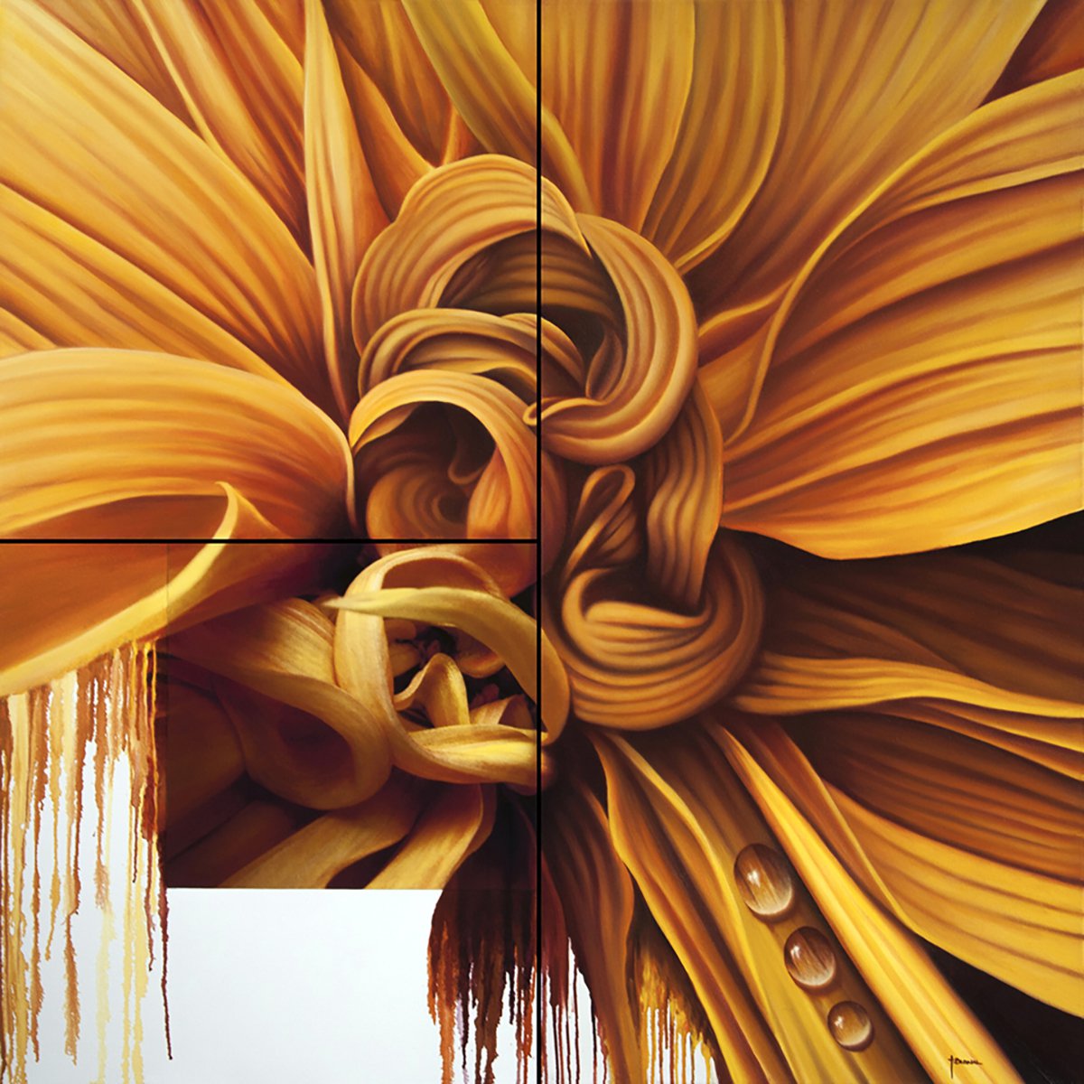 Photorealistic Botanical Oil Painting By Juan Bernal, 48 X 48", Yellow Dahlia With Dew, Original Artwork