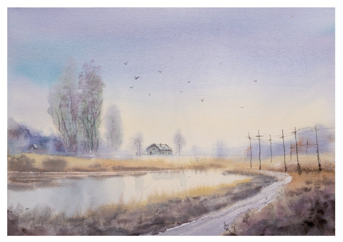 Impressionistic Landscape Watercolour By Yulia Schuster, 14 X 10", Autumnal Tranquility, Original Artwork