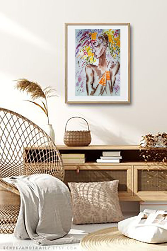 Flower Head Painting Woman Original Art African Queen Watercolor Lady with Flower Hat Artwork Home Wall Art 12 by 17" by Halyna Kirichenko