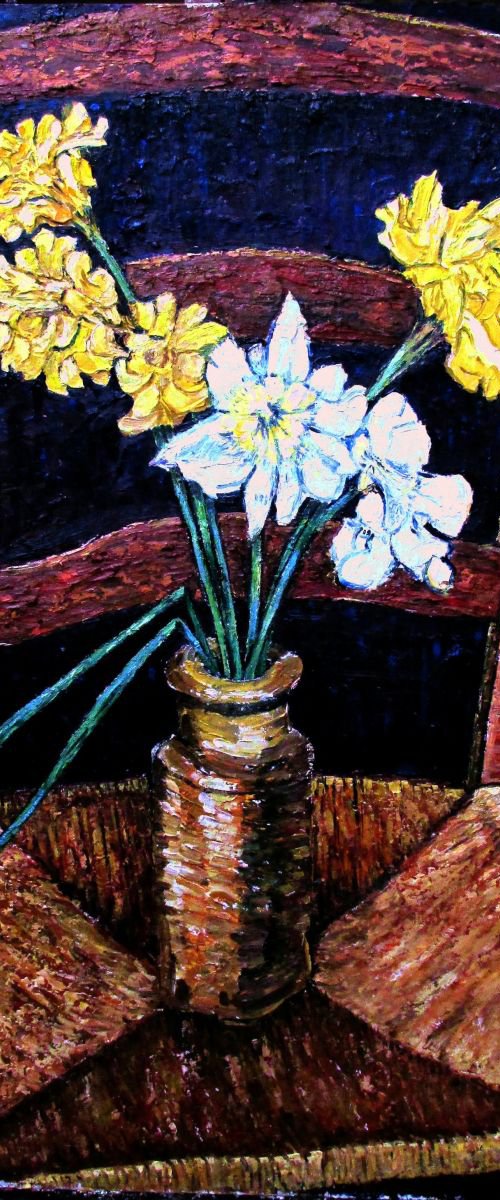 Daffodils in a stone pot on an old chair by Richard Meyer