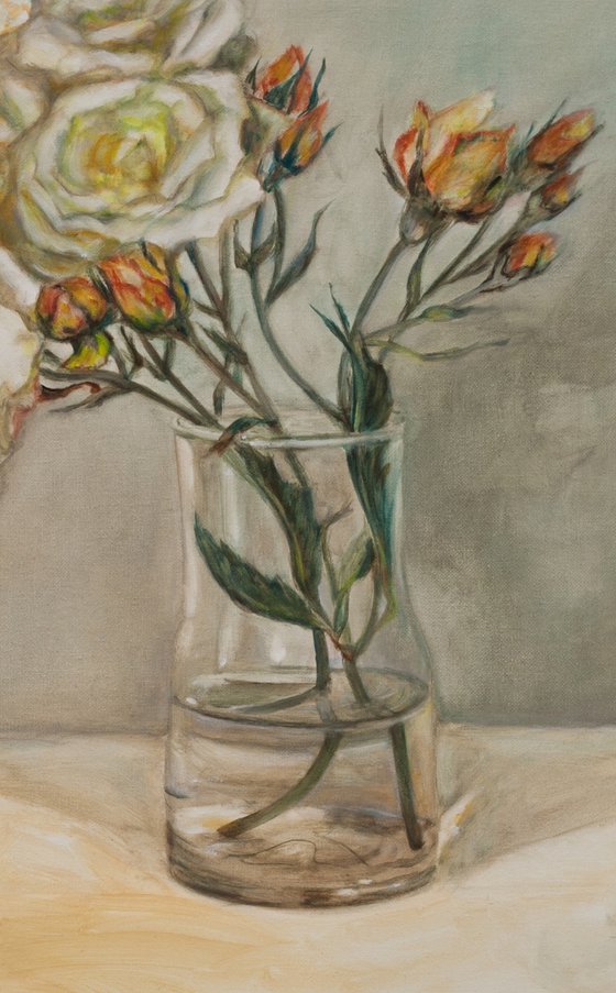 Garden Roses In A Glass Vase