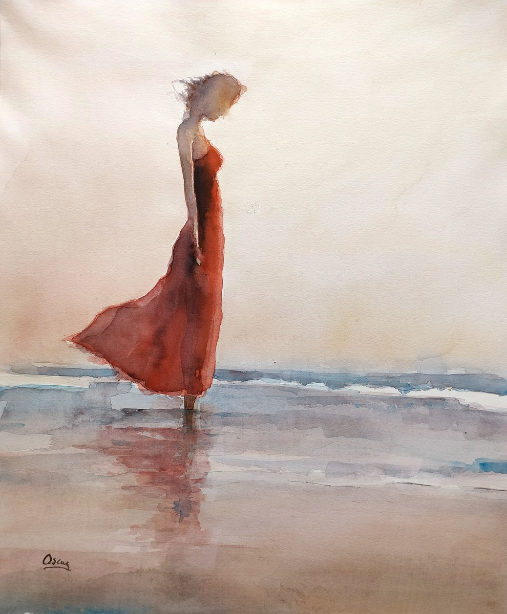 Impressionistic Portrait Watercolour By Oscar Alvarez Pardo, 18 X 22", W -Beach 10 -2, Original Artwork