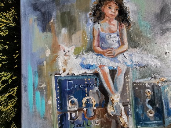 African american painting. Ballerina with a white kitten