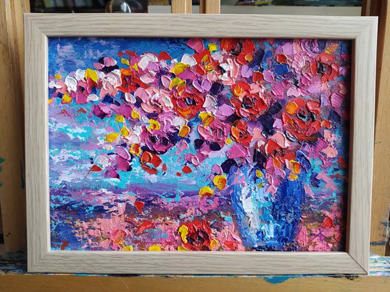 Red tint of flowers - painting, framed, flowers oil painting, bouquet, flowers, impressionism, palette knife, gift.