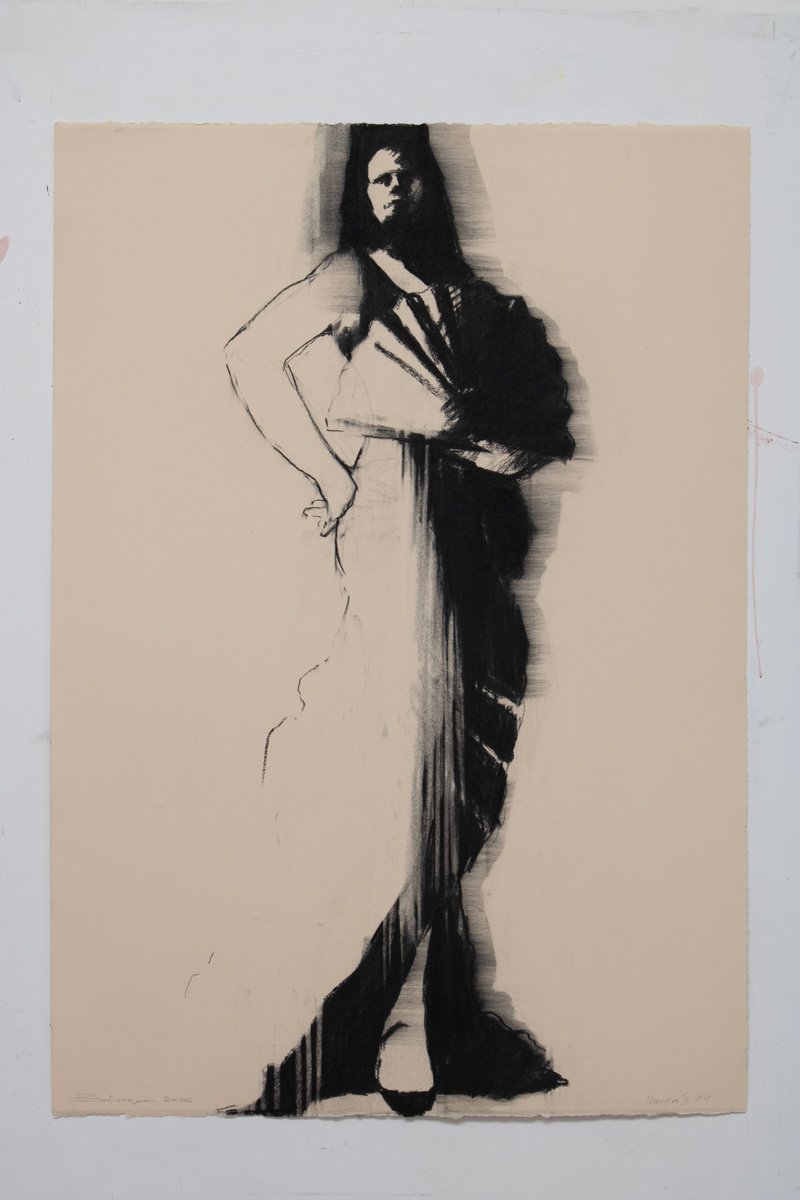 Expressive Portrait Charcoal Drawing By Zil Hoque, 25 X 36", Iberica Ii #4, Original Artwork