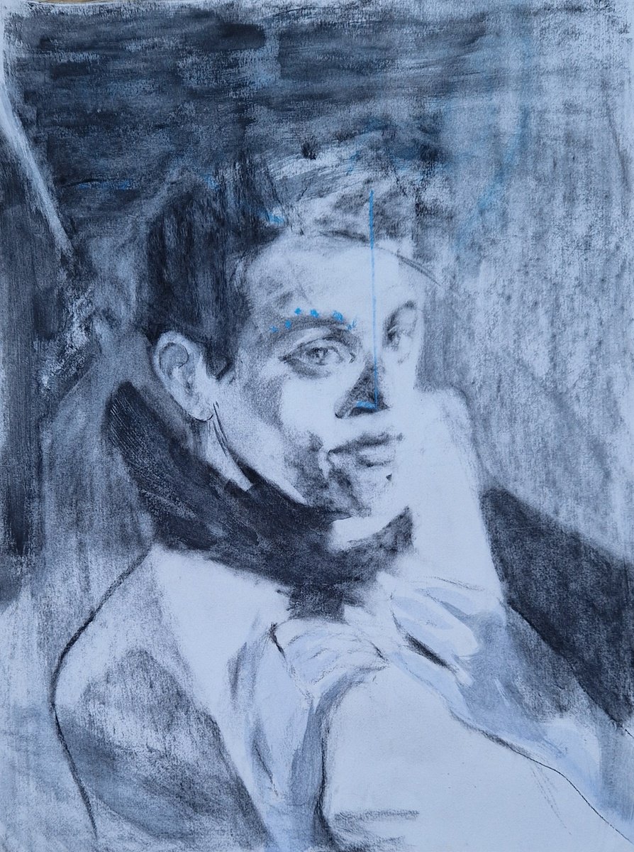 Impressionistic Portrait Charcoal Drawing By Dick Van Dijk, 22 X 30, Looking Up, Original Artwork