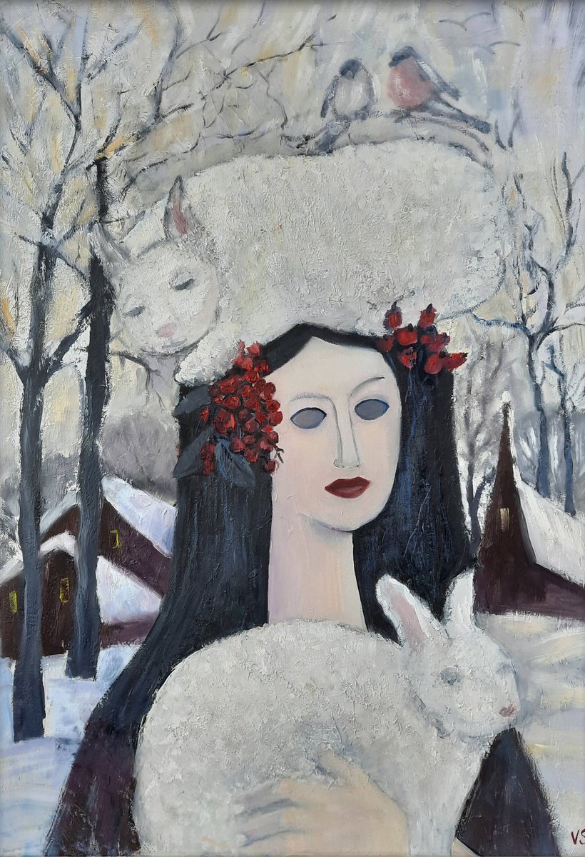 Surrealistic Portrait Oil Painting By Vera Stein, 20 X 28", Winter, Original Artwork