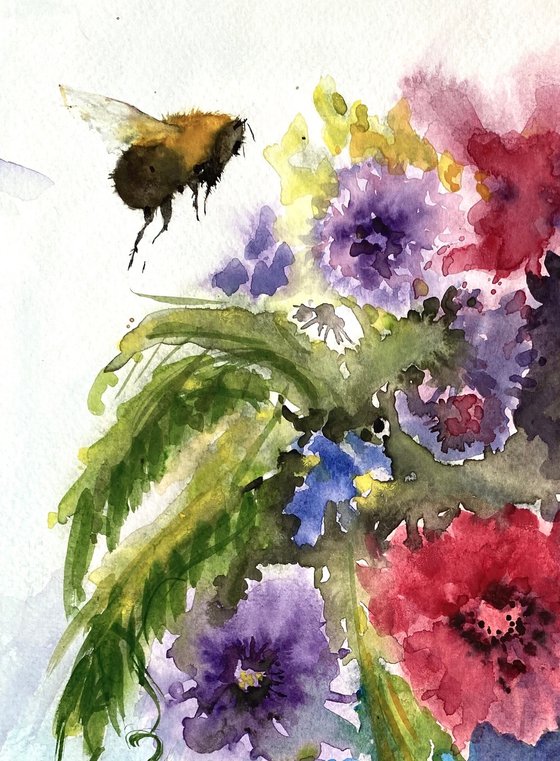 Bees around Vase of Summer Flowers