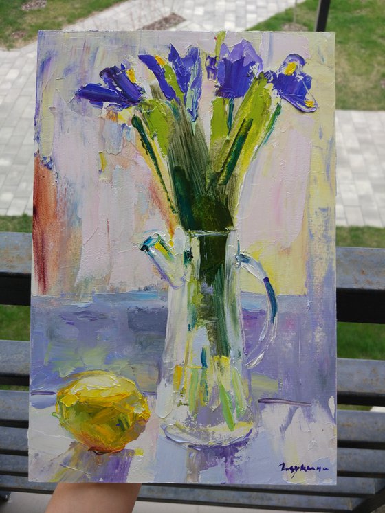 Irises and lemon. Original oil painting
