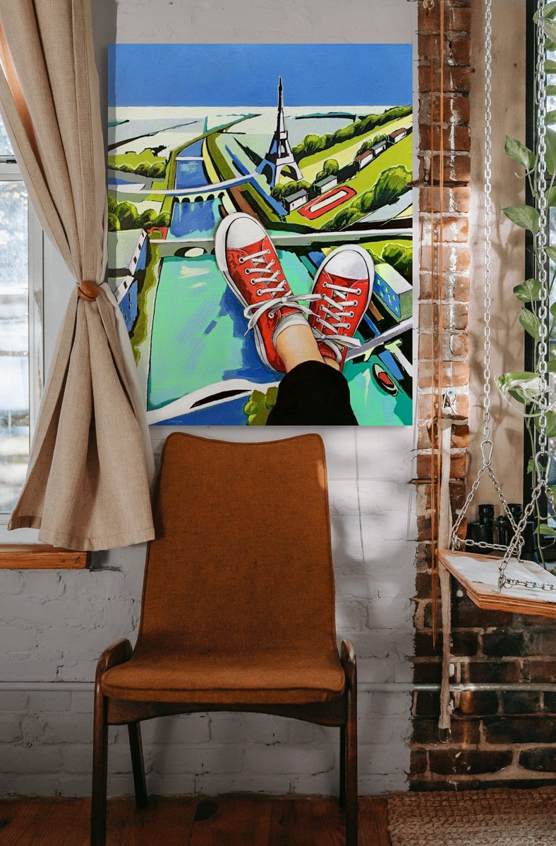 Impressionistic Cityscapes Acrylic Painting By Evgen Semenyuk, 31 X 39, Extra-Fast Landing In Paris, Original Artwork