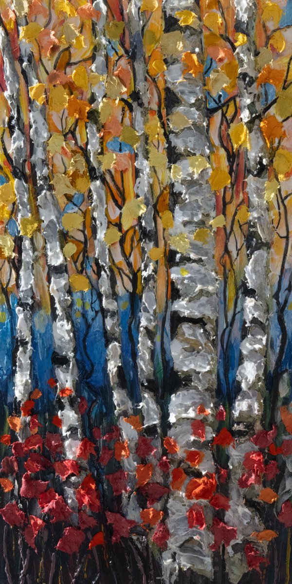 Impressionistic Landscape Painting By Lena Owens, 12 X 24", Golden Whispers Textured Birch, Original Artwork