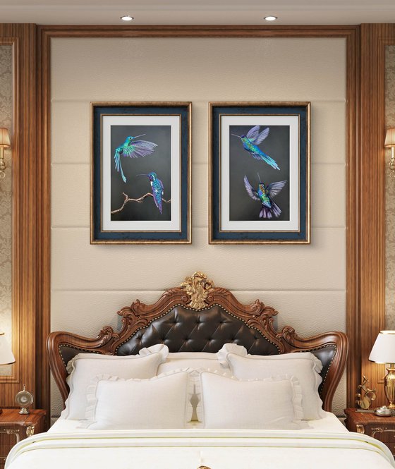 Colibri Flowers Diptych Pastel