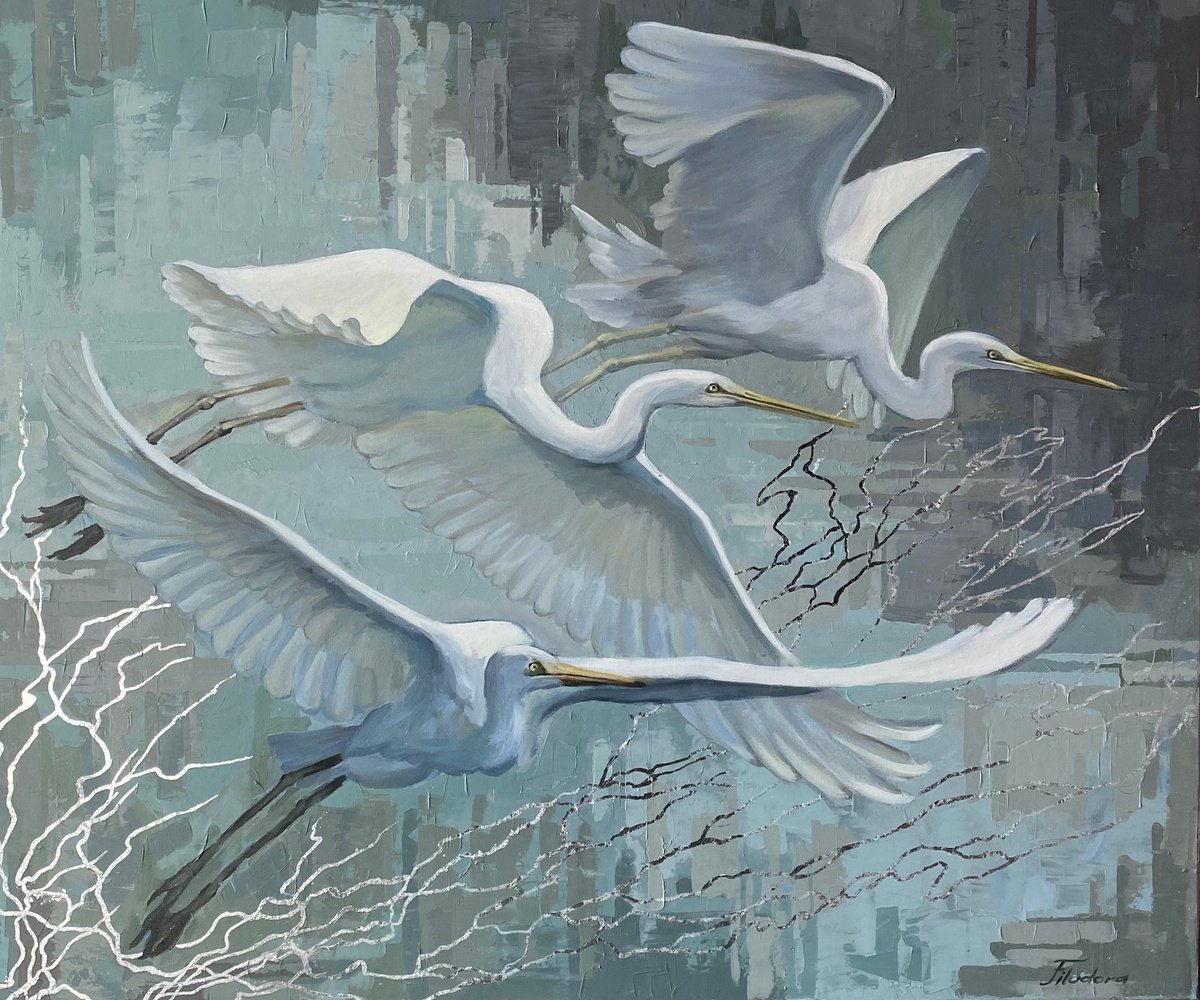 Impressionistic Animal Acrylic Painting By Tatiana Filipowicz, 47 X 39", Wings Of Silence, Original Artwork