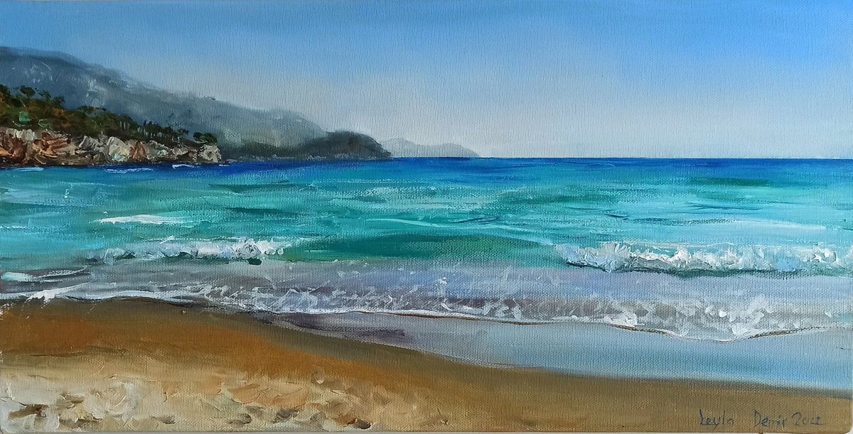 Impressionistic Landscape Oil Painting By Leyla Demir, 20 X 10", Coastal Beach And Ocean, Original Artwork