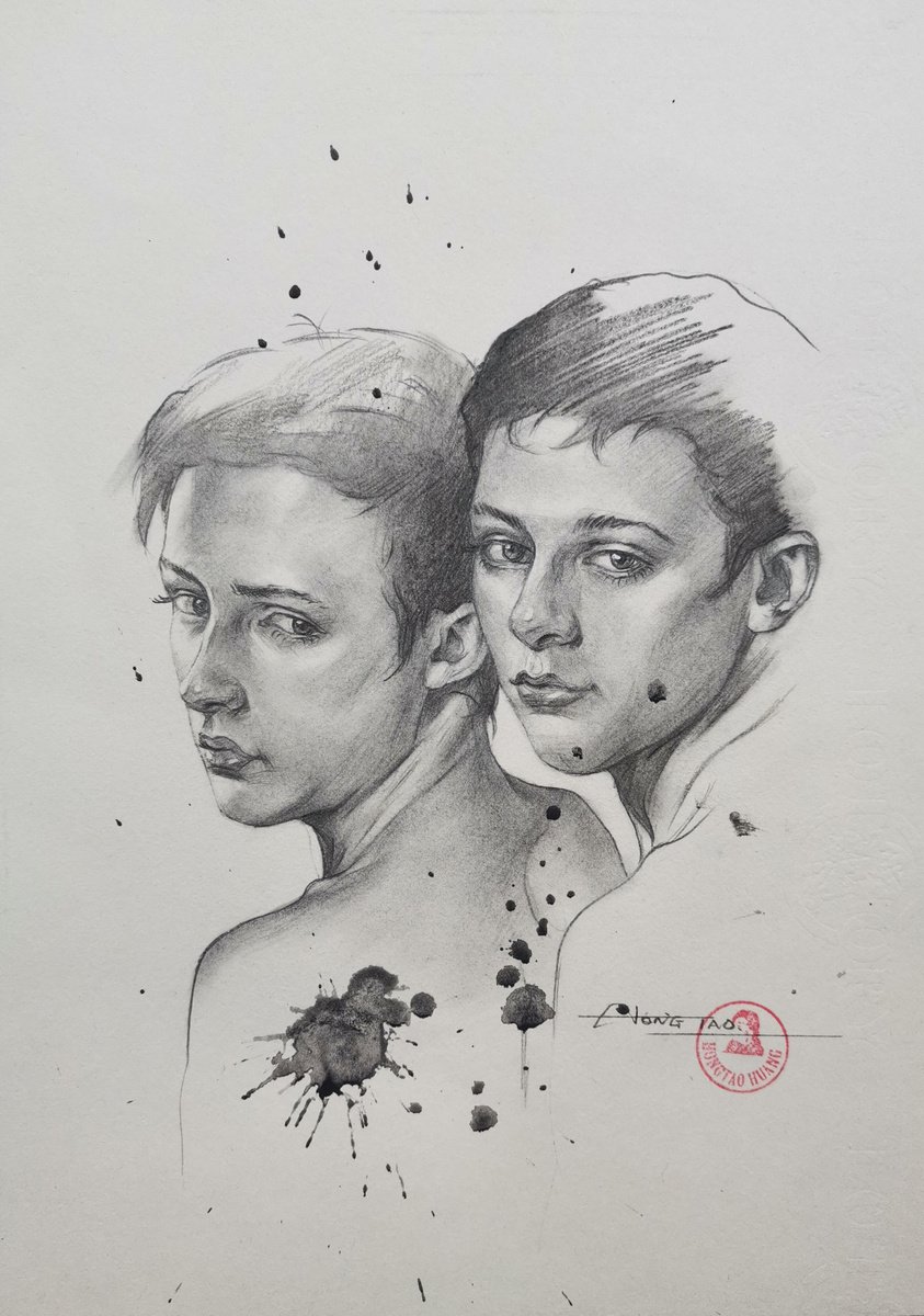 Impressionistic Portrait Pencil Drawing By Hongtao Huang, 7 X 10, Portrait Of Men #210410, Original Artwork