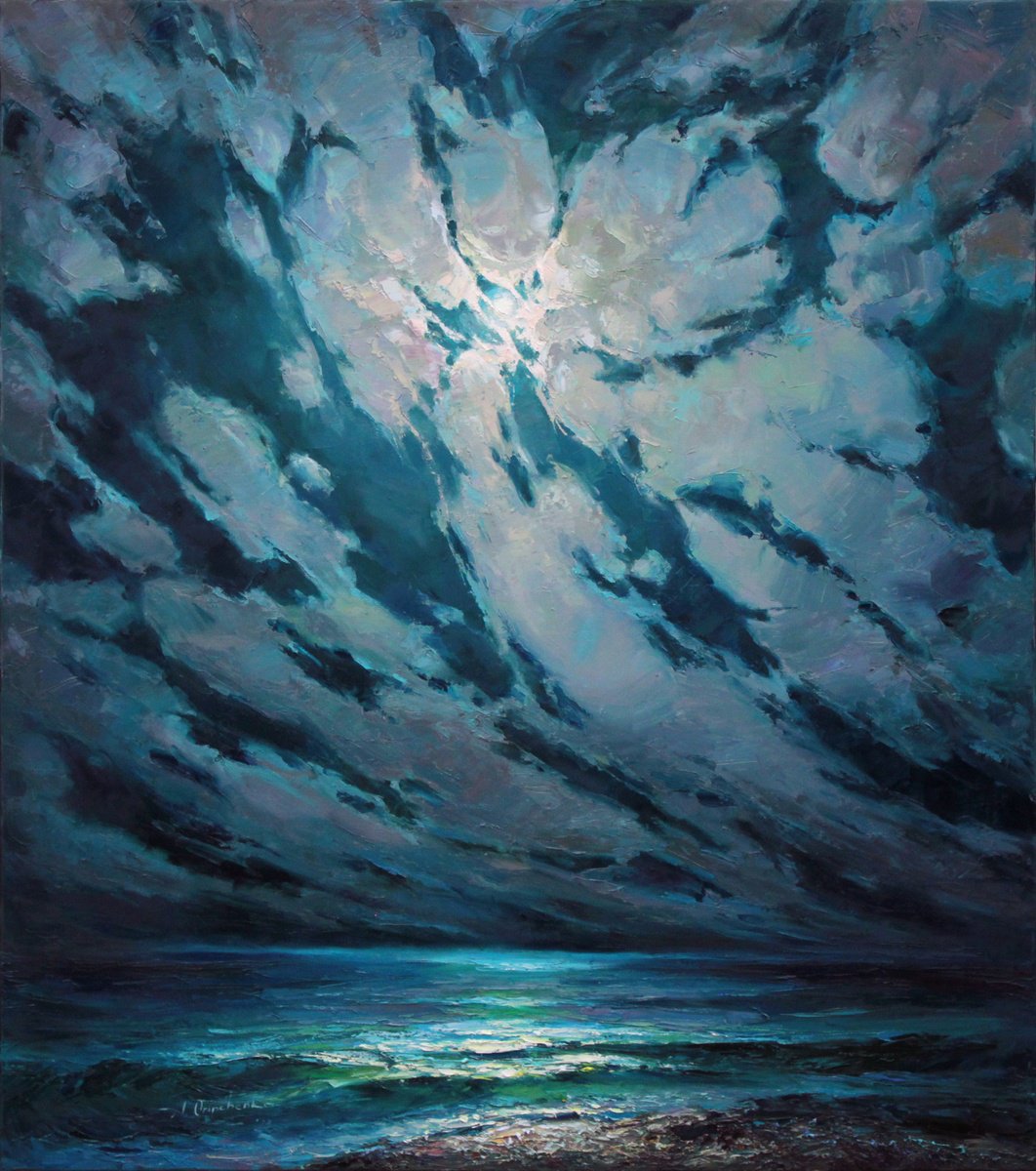 Impressionistic Landscape Oil Painting By Alisa Onipchenko-Cherniakovska, 31 X 35, Cloudy Moon Night On The Sea, Artfinder