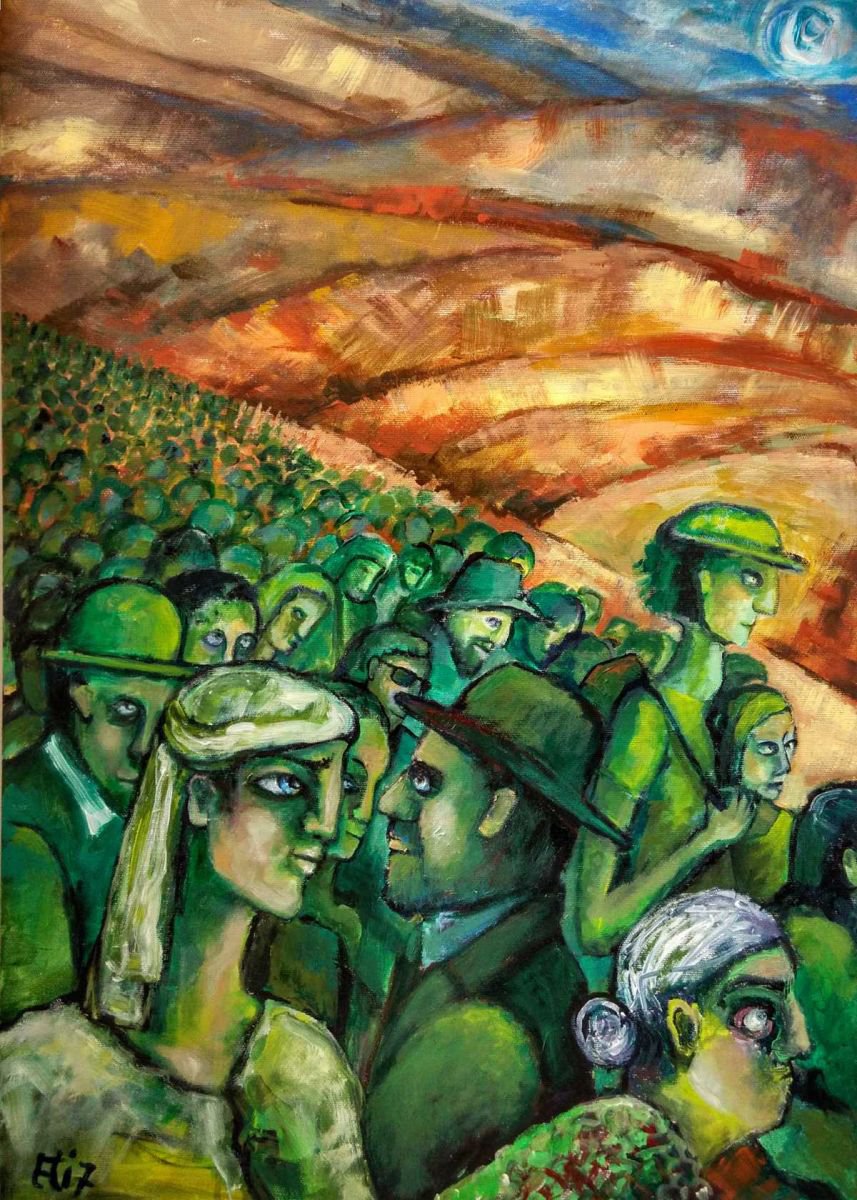 Expressive Portrait Acrylic Painting By Elisheva Nesis, 20 X 28, Exodus, Original Artwork