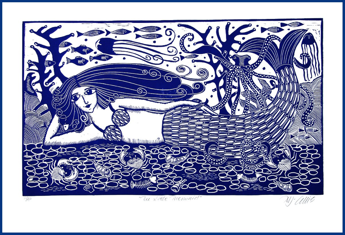 The little Mermaid, XL blue and white linocut by Mariann Johansen-Ellis