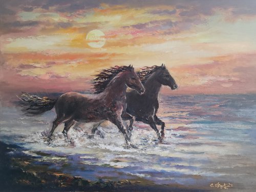 Horse couple (80x60cm, oil painting, ready to hang) by Hayk Miqayelyan