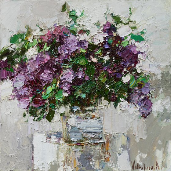 Still life with lilacs in a vase - impasto painting