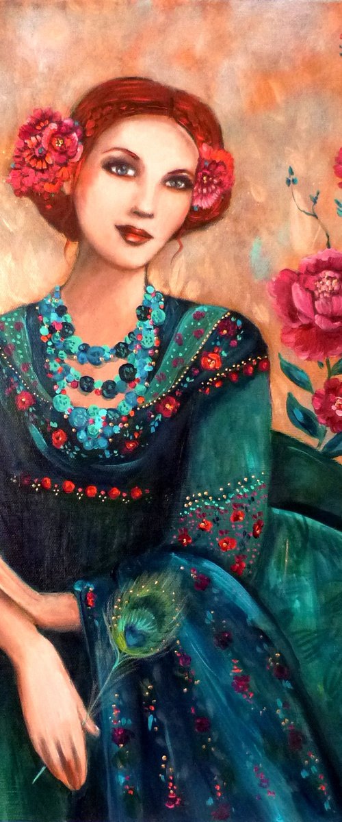 Adagio indigo 46 x 55 cm. Redheaded woman with shawl by Loetitia Pillault