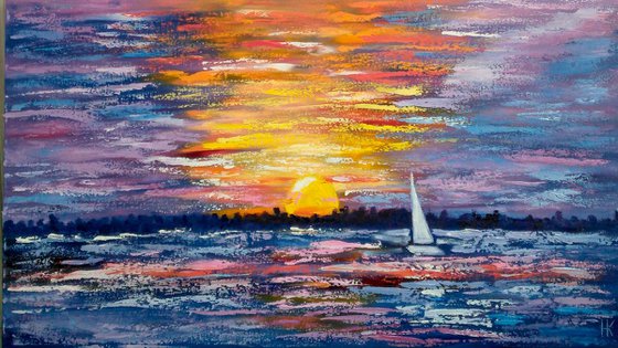 Ocean Painting Sailboat Original Art Nautical Oil Impasto Artwork Sea Canvas Wall Art 27 by 16"by Halyna Kirichenko