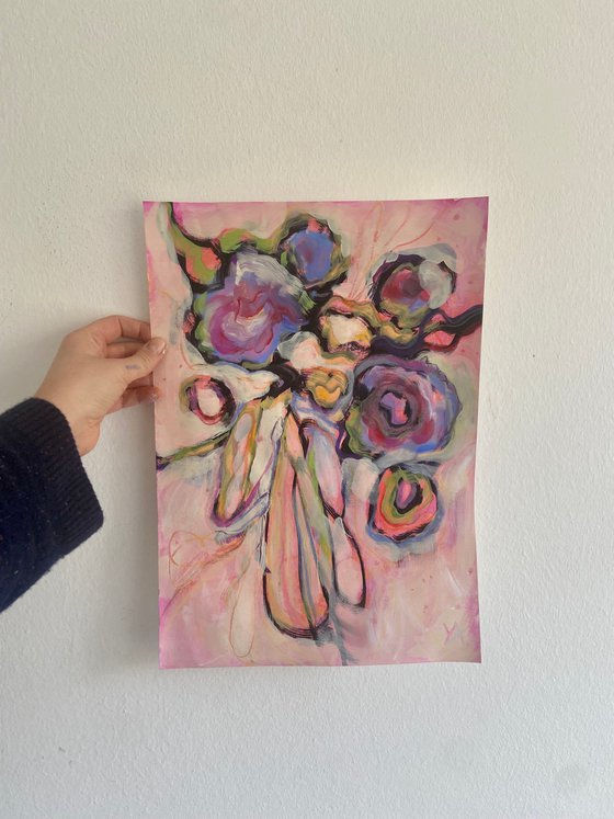 HAPPY YOU ARE HERE- mixed media A3 abstract flowers painting on paper