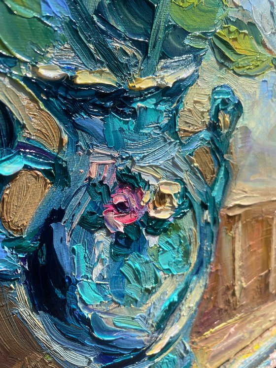 Roses in a vase, 35*45cm, impressionistic flowers oil painting in pink and turquoise