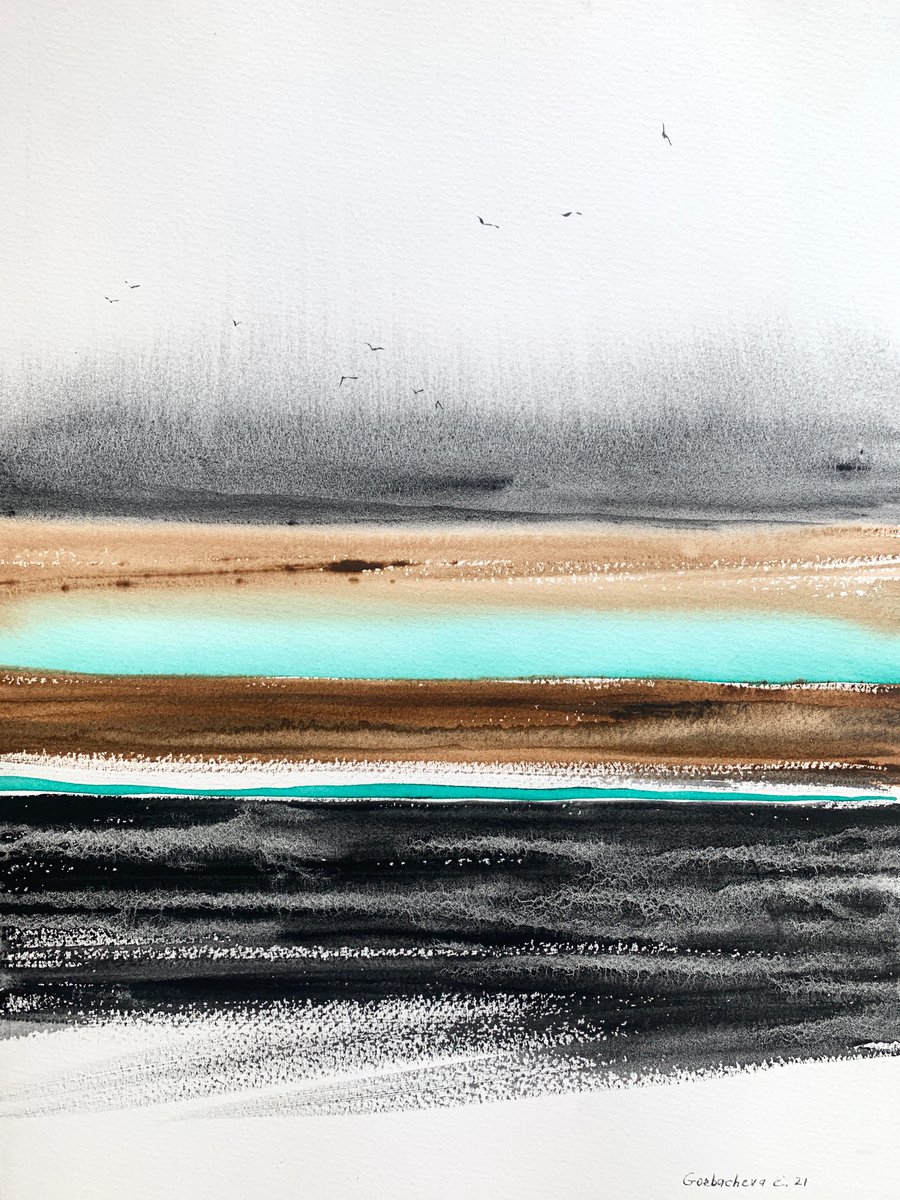 Impressionistic Landscape Watercolour By Eugenia Gorbacheva, 12 X 16, Abstraction River In Valley #2, Original Artwork