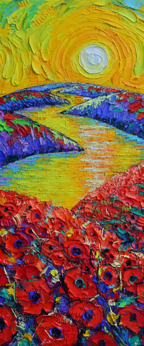 BLOOMING PLANET SUNRISE poppies abstract landscape textural impressionist impasto palette knife oil painting by Ana Maria Edulescu by ANA MARIA EDULESCU
